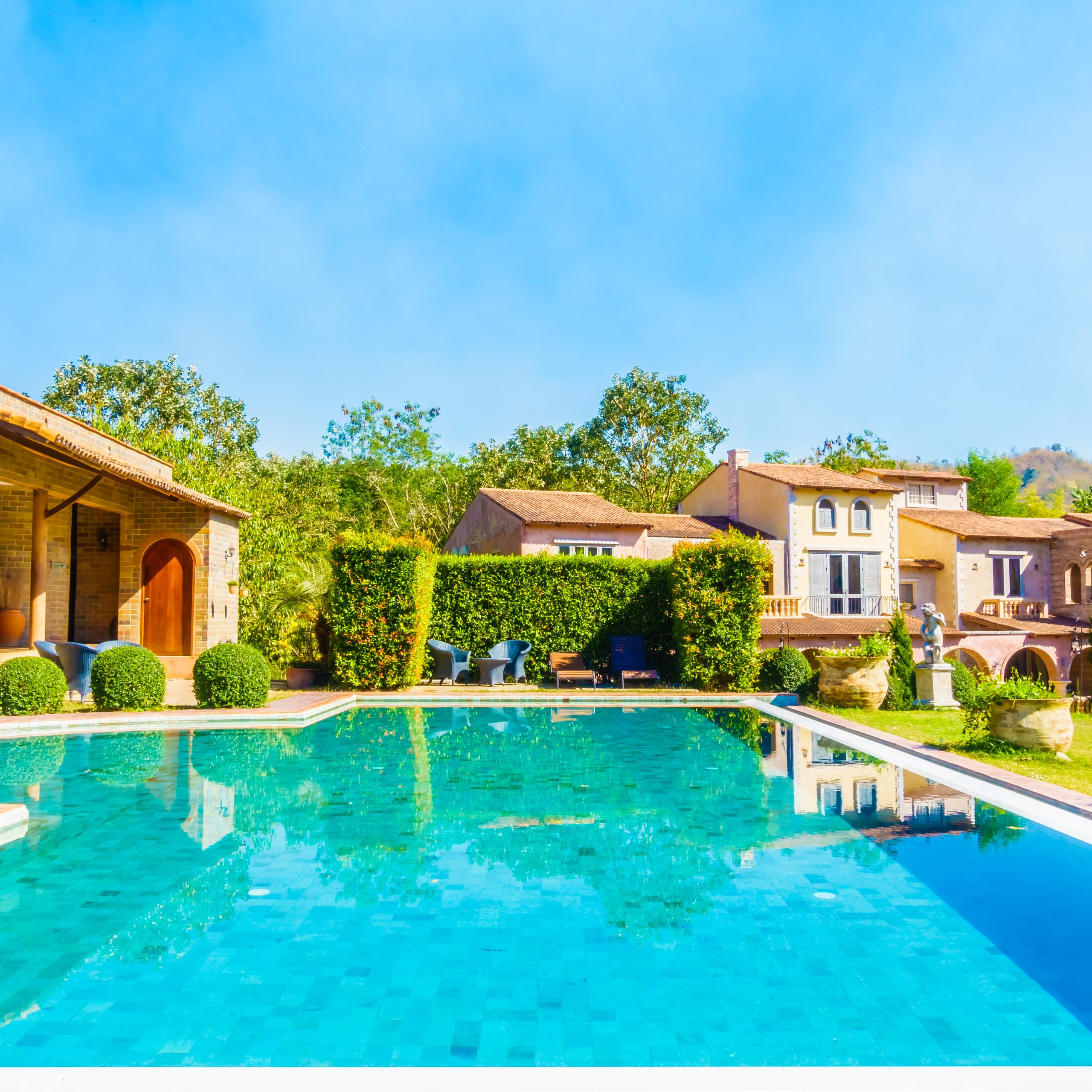 Villa backyard with pool and sky view